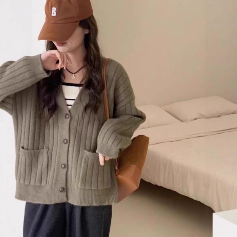 Vintage twist knitted cardigan women's autumn and winter casual lazy style loose versatile pocket sweater knitted jacket