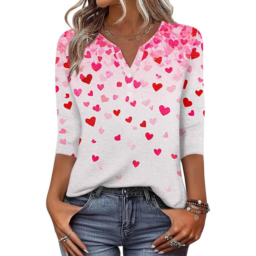 Women's T Shirt Print Button 3/4 Sleeve Daily Weekend Fashion Basic V- Neck Regular Top