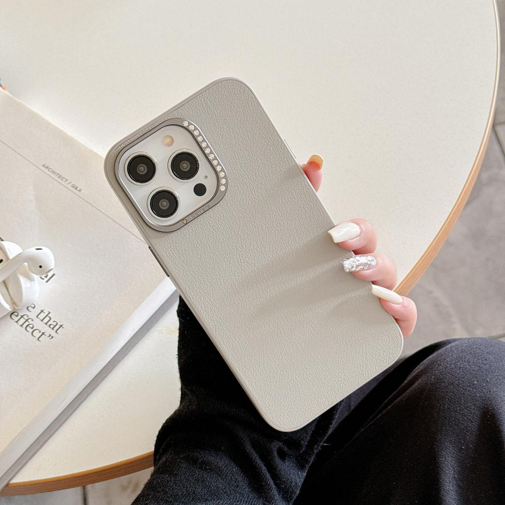 Suitable for IPhone16promax, Plain Leather Phone Case, Apple 15, Metal Diamond Lens Ring