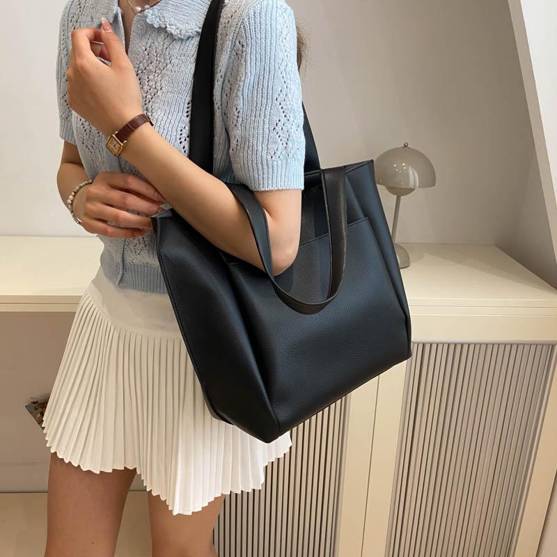 Litchi Pattern Soft PU Leather Tote Bag for Women Large Capacity Zippered Shoulder Shopper