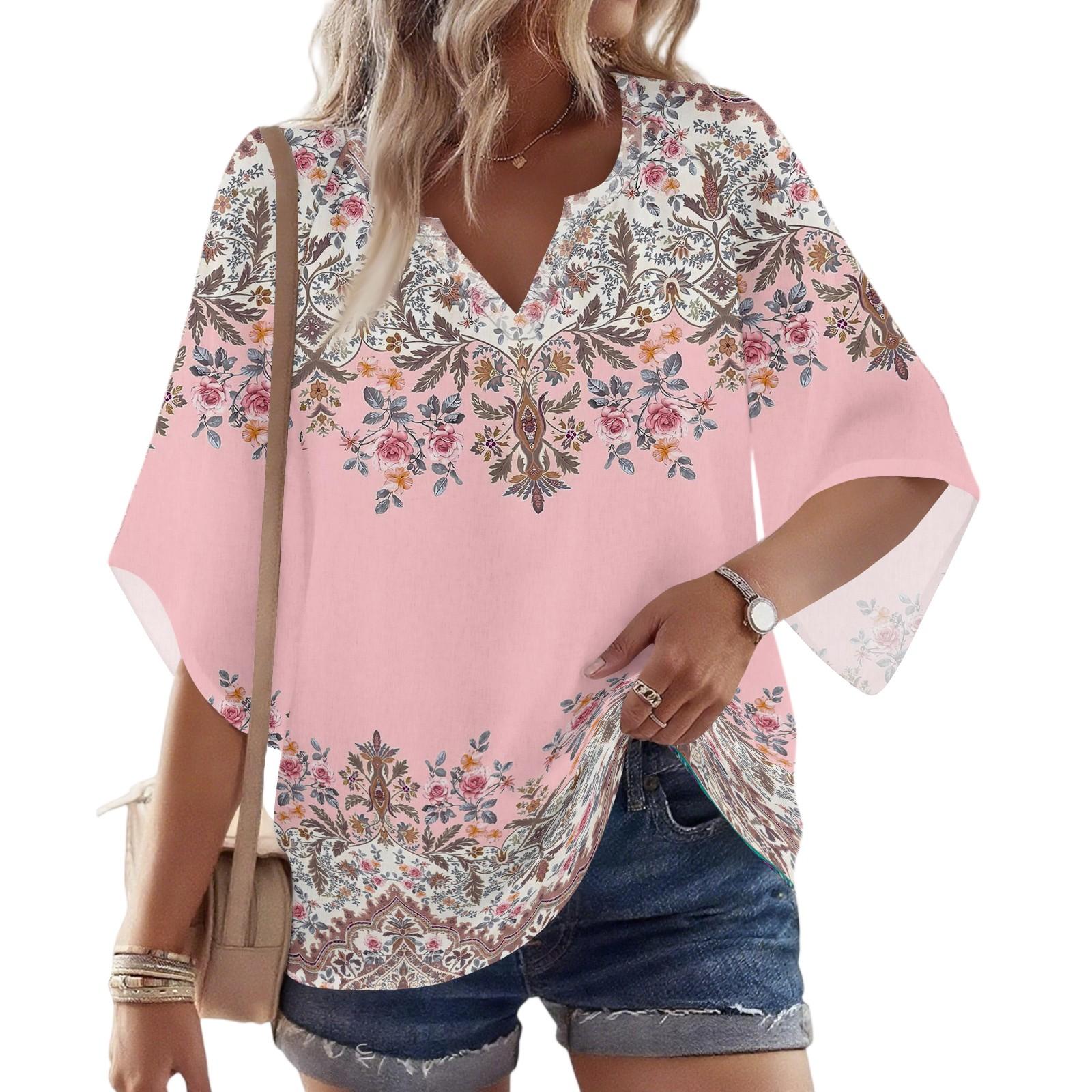 

Женская блузка с рукавом 3/4, V-образным вырезом и цветочным принтом, повседневная, свободная туника M циан