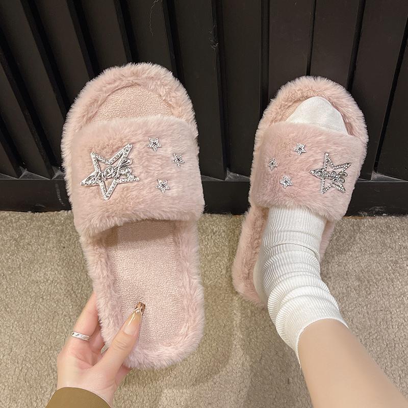 Leisure Slippers Woman Casual Flat Low Heels Sweet Basic Shoes for Women Solid Pearl Fur Slip On Star Winter Slides Plus Size