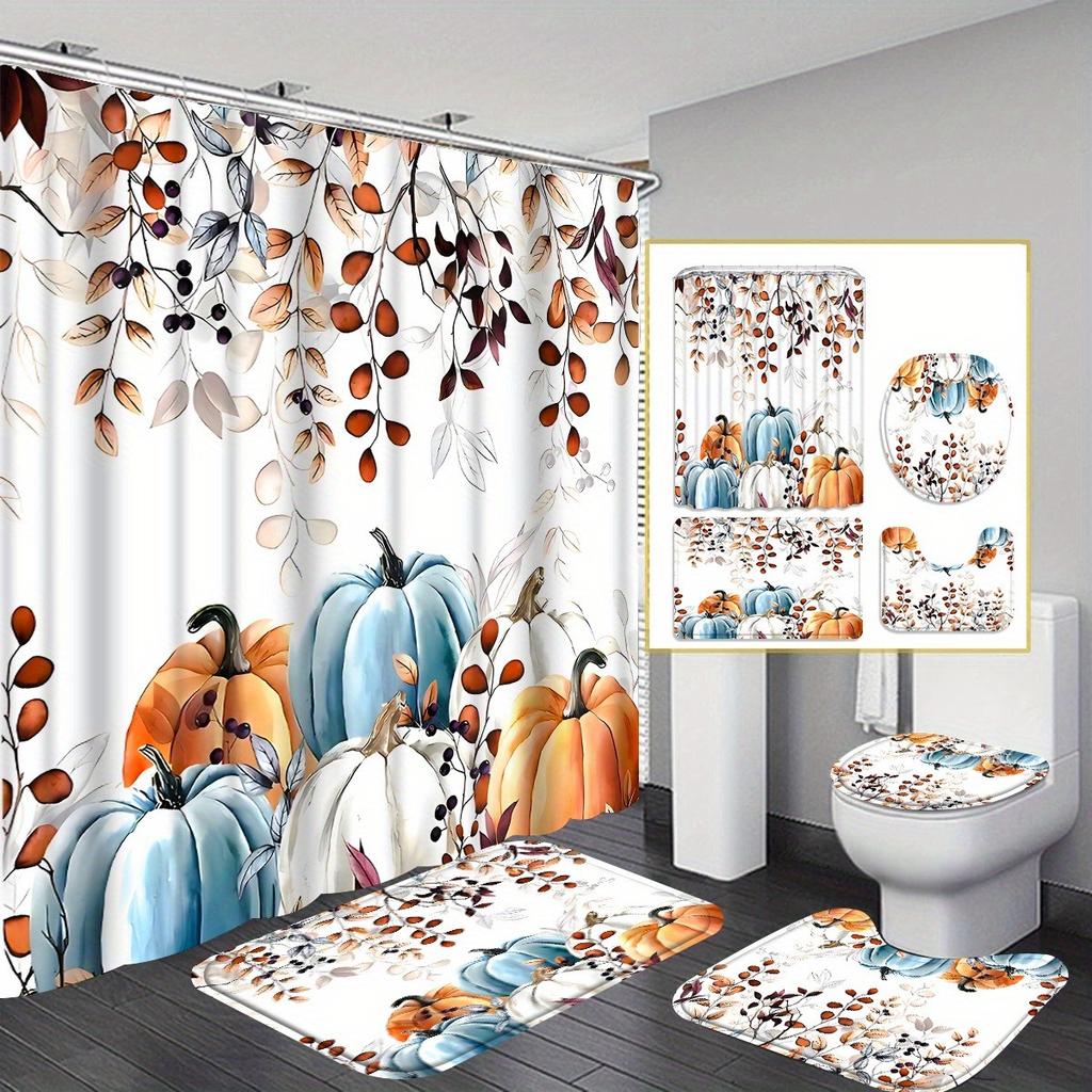 Pumpkin Falling Leaves Shower Curtain Set Waterproof Polyester Bath Curtain and Toilet Floor Mat with Free 12 Hooks