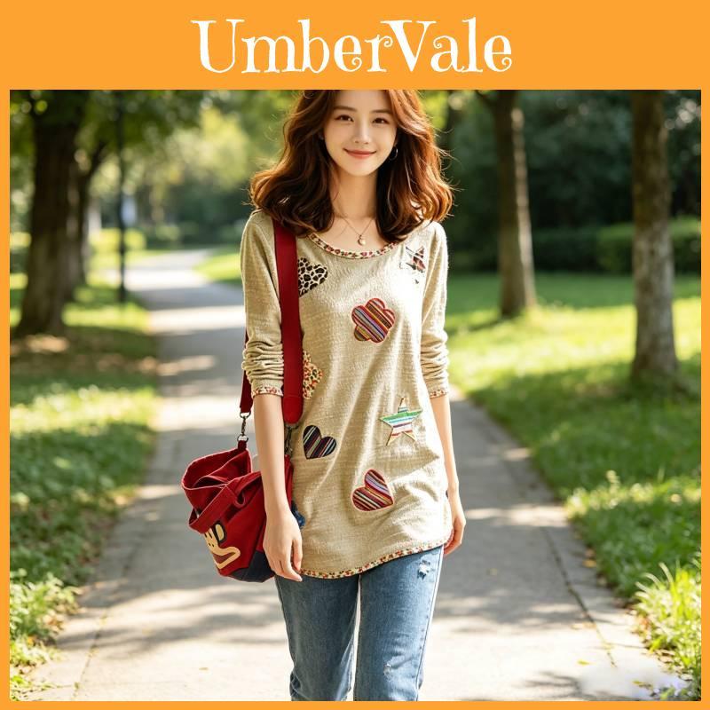 T-shirt da donna a maniche lunghe con scollo rotondo e fantasia floreale, abbigliamento casual per la primavera e l'autunno