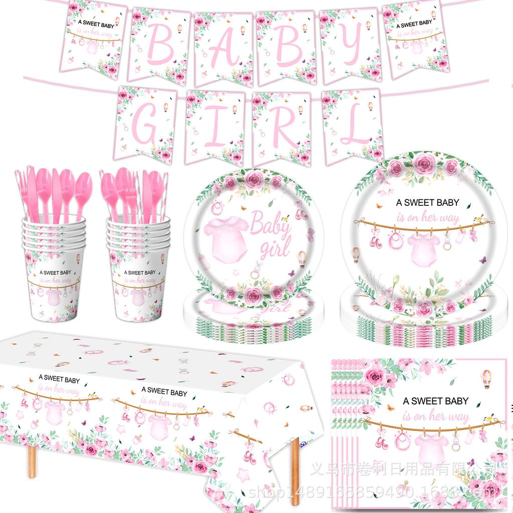 Rosa Taufe Themenparty Zubehör Babyparty Dekoration Party Geschirr Banner Tissue Arrangement Zubehör