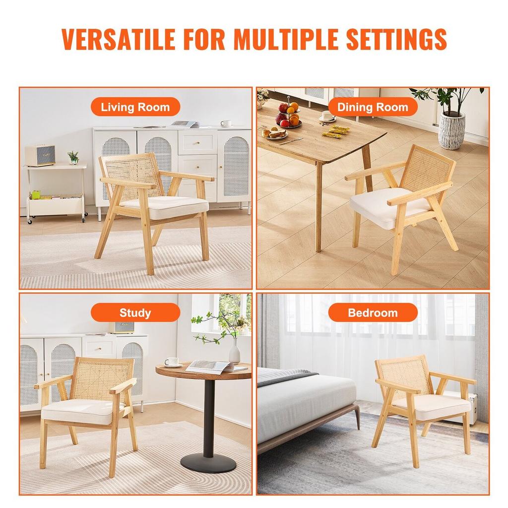 Rattan Chair, Mid Century Modern Dining Chair with Armrest, Upholstered Chair with Rattan Back, Retro Rattan Dining Room Kitchen Chair for Living