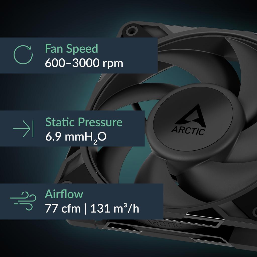 ARCTIC P12 Pro PST Powerful Premium 120mm PWM Fan with 0 RPM Fluid Dynamic Black - Fan, Y-Cable Splitter, 600-3000 RPM, 5% PWM, Bearing, 4-Pin -
