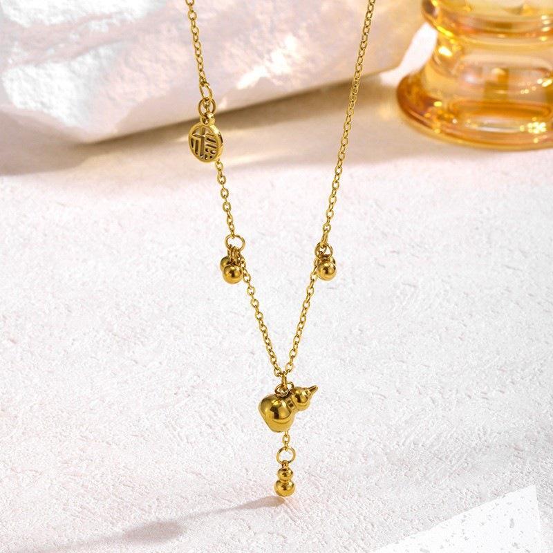 Fu Lu Hulu Stainless Steel Women's Clavicle Necklace with Tassel - Niche Chinese Style.