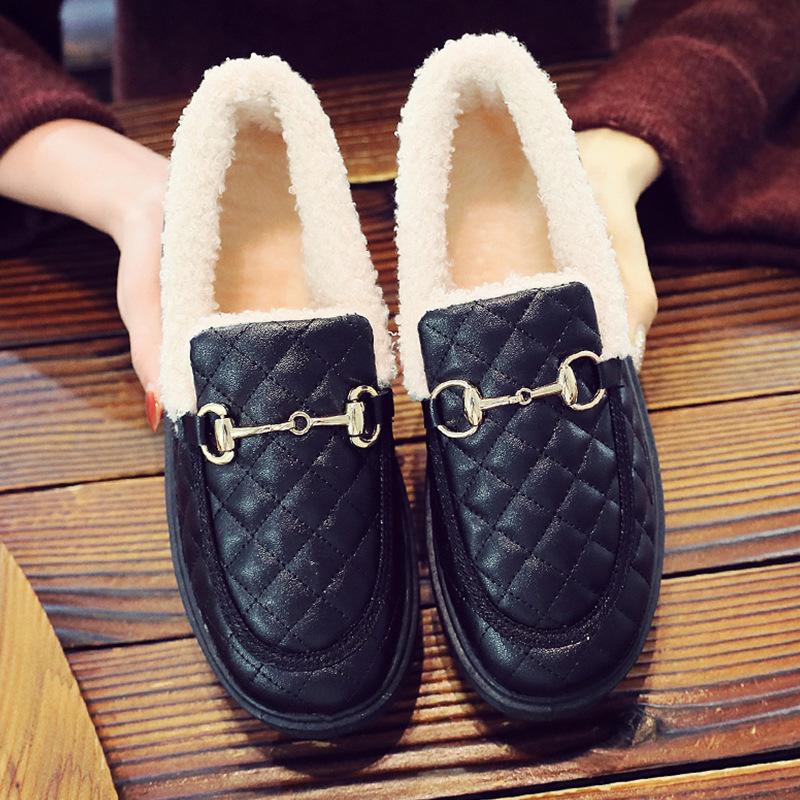 Thick-soled small fragrant wind winter women's shallow mouth cotton shoes Korean version versatile thickened warm fashion leather cotton shoes wat
