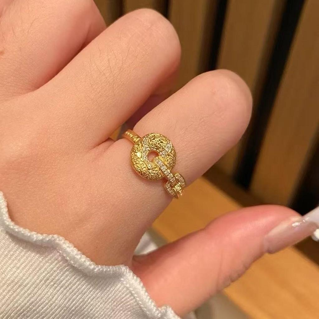 Vietnamese Gold Auspicious Cloud Peace Buckle Gourd Ring: Women's Chinese Heritage Charm.