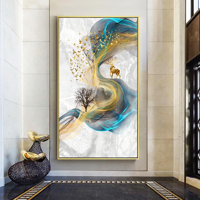 Nordic Geometric Wall Art Canvas Painting Abstract Golden Deer Birds Posters and Prints Wall Pictures for Living Room Home Decor