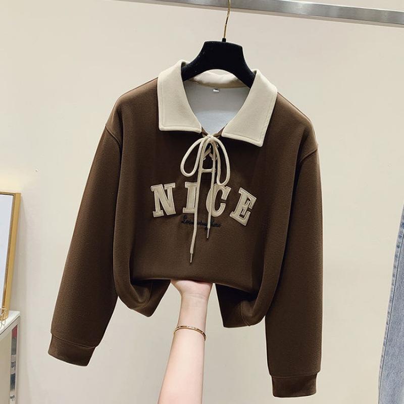 

Китайский хлопок, имитация хлопка, композитный молочный шелк, корейская версия, вышитые буквы, длинный рукав, толстовка, осенний топ 3XL кофейный
