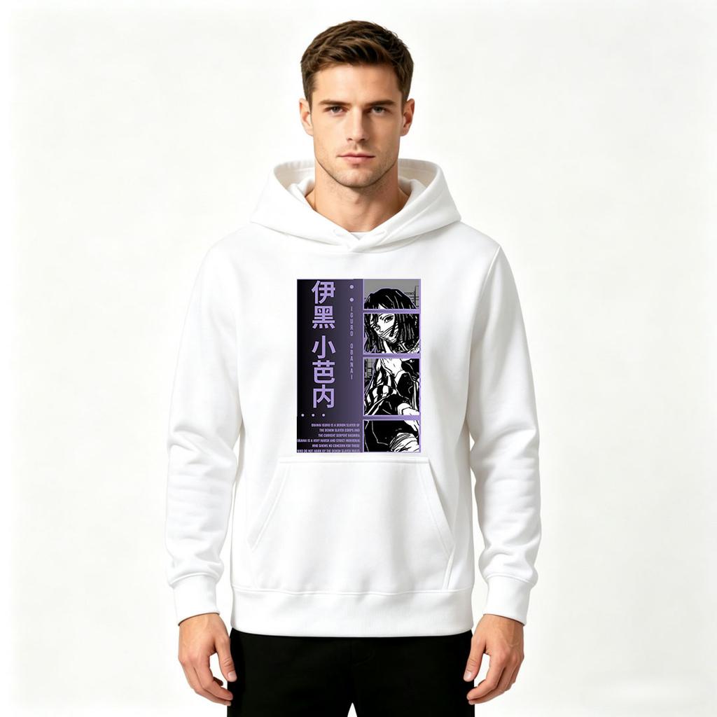 Men Anime Printed Pullover Hoodie Casual Long Sleeve Sweatshirt with Iguro Obanai Pattern