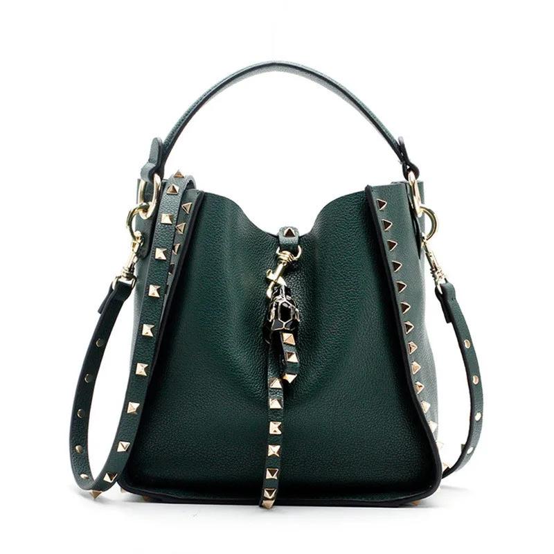 Senior Luxury Women's Single Shoulder Crossbody Bag Leather Lychee Rivet Fashion Senior Leisure Hot Bucket Bag Handbag