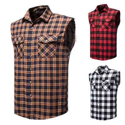 Lapel Sleeveless Flap Pockets Single-breasted Shirt Vest 3D Cutting Men Plaid Print Waistcoat Top Streetwear