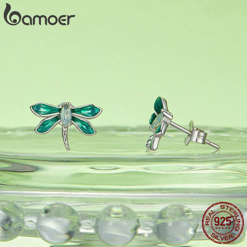 Bamoer 925 Silver Green Dragonfly Stud Earrings White Gold Plated Insect Earrings for Women Party Fine Jewelry Gift
