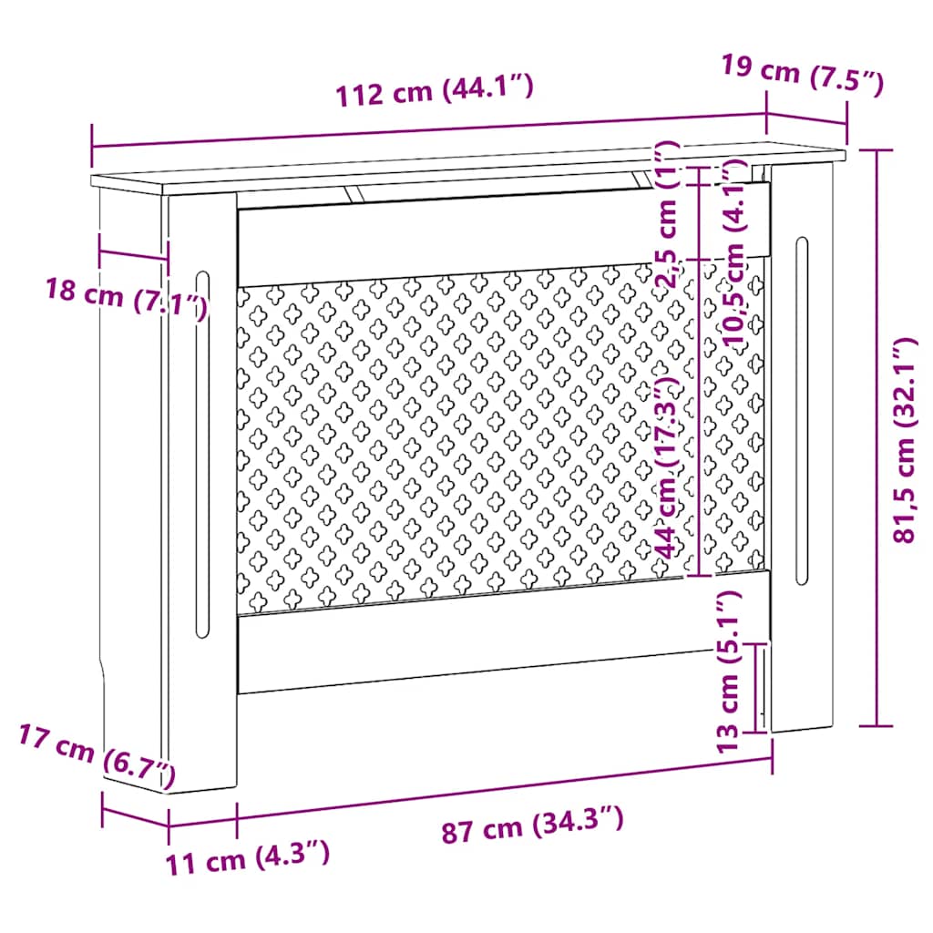 Radiator Cover Black 112 x 19 x 81.5 cm MDF