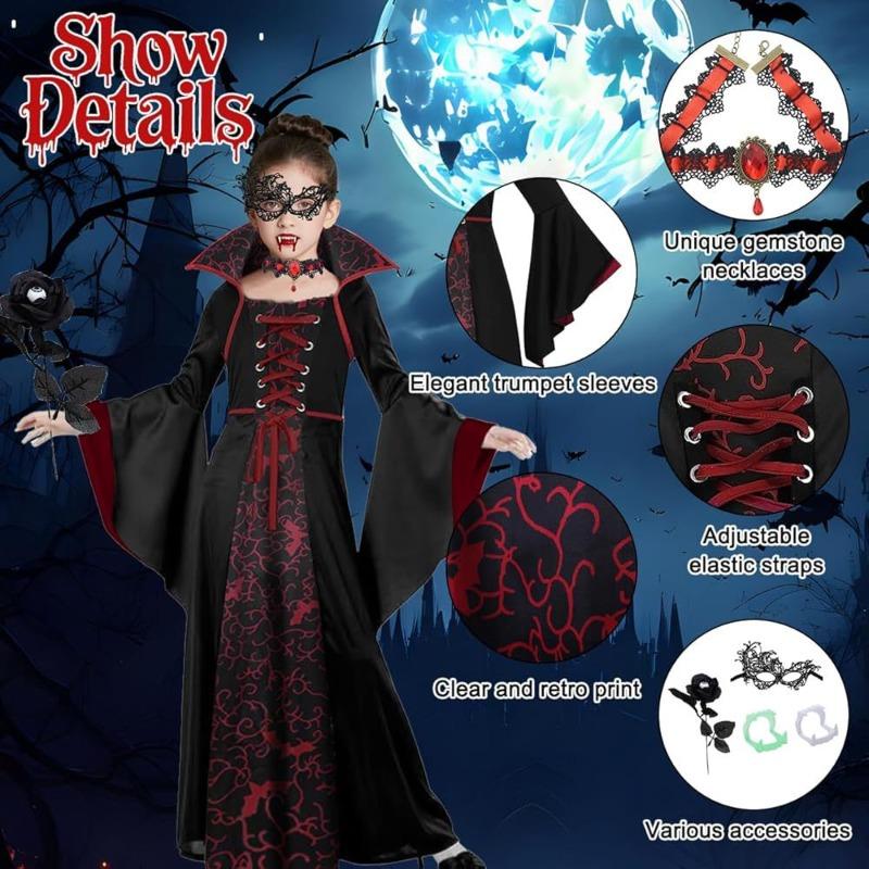 New Halloween children's costume witch costume medieval retro lace-up collar horn sleeve print dress