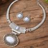 2 PCS Fashion Imitation Turquoise Jewelry Set European American Vintage Style Necklace Earrings Ethnic Teardrop Short Necklace