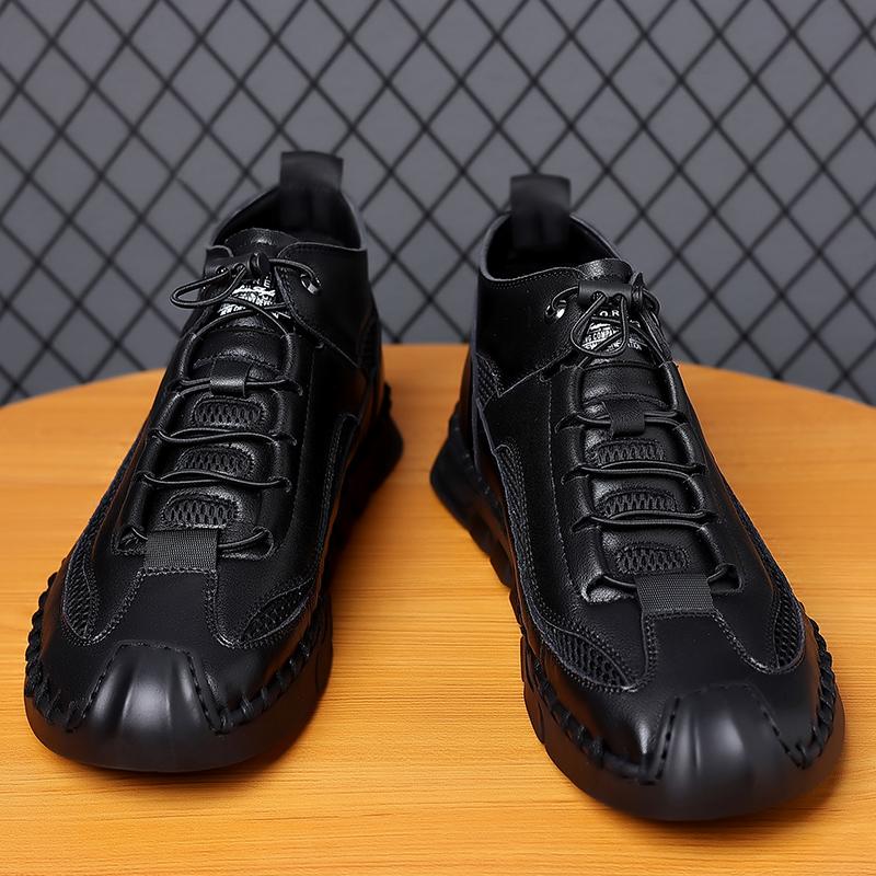 High Top Shoes Men's Thick Soled Casual Shoes Breathable Hollow Mesh Shoes Handmade Soft Soled Men's Genuine Leather Shoes