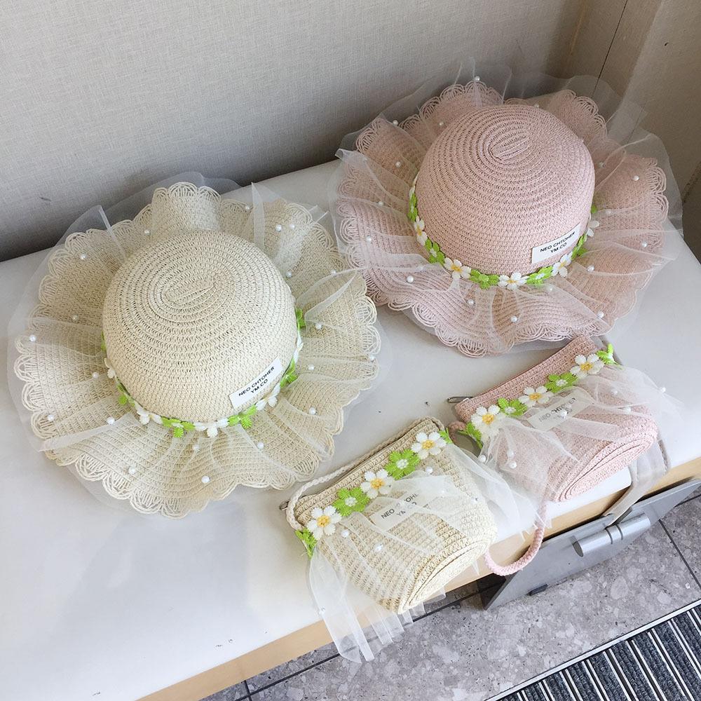 Girls Summer Straw Hat With Pearl Mesh And Bowknot Wide Brim Sun Hat For Kids Beach Princess Shade Cap