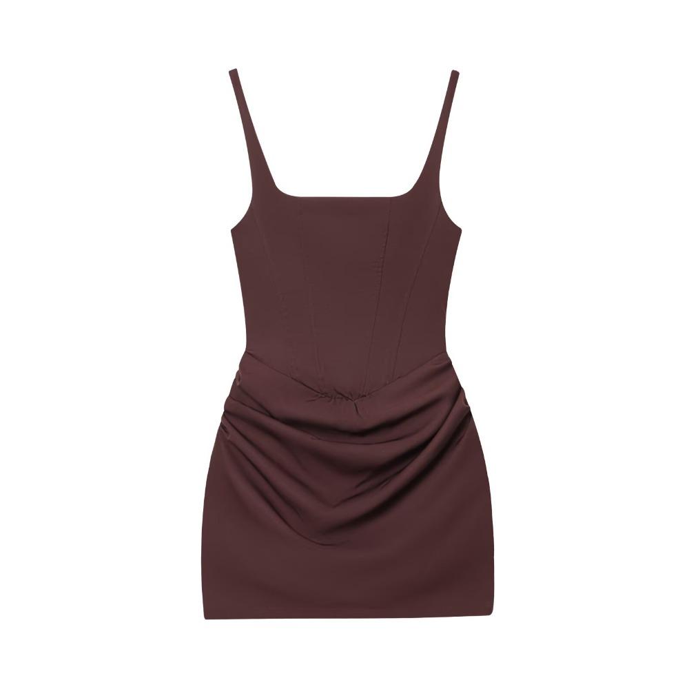 Women's Square Neck Sleeveless Mini Dress Slim Fit Side Ruched Solid Polyester Spaghetti Strap Club Bodycon Dress