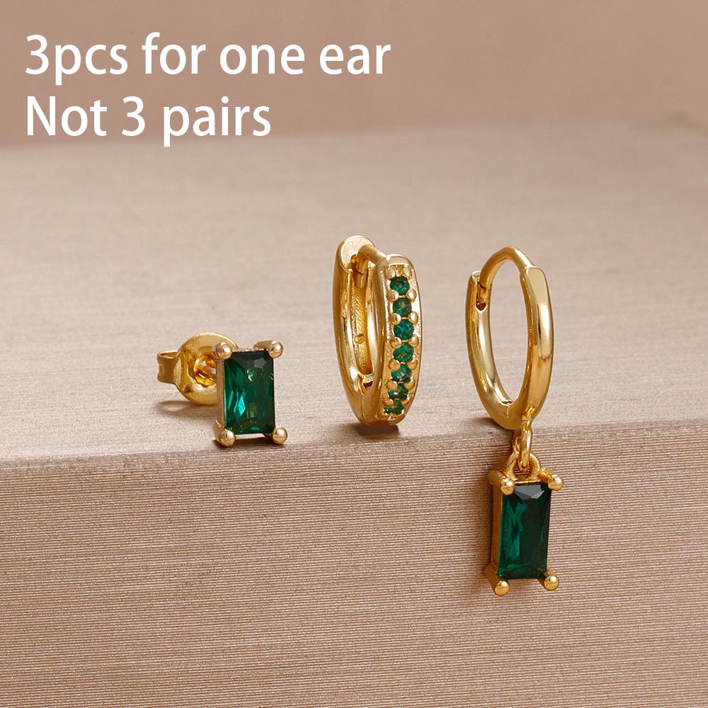 3PCS 12 Styles Green Cubic Zirconia Flower Pendant Earring Set For Women Stainless Steel Round U-Shape Hoop Earring Jewelry