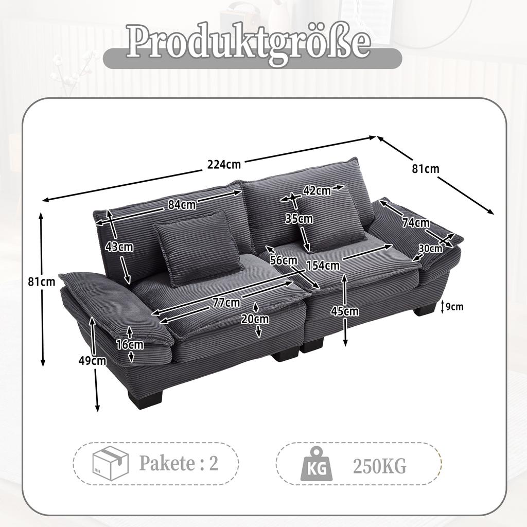 A modern, simple double sofa with a feather bed, for which one cushion is enough, is cozy, but spacious in living room/bedroom/office, Dark Grey