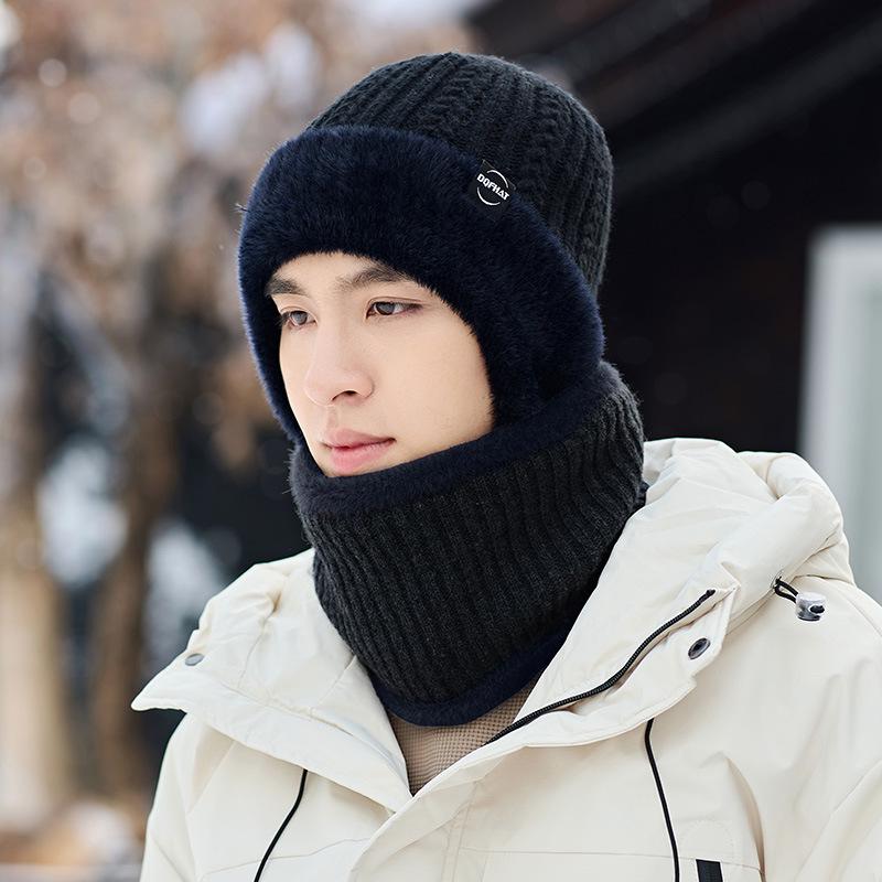 Men's Winter Black Velvet Pullover Hat & Scarf Set for Cycling - Windproof and Warm