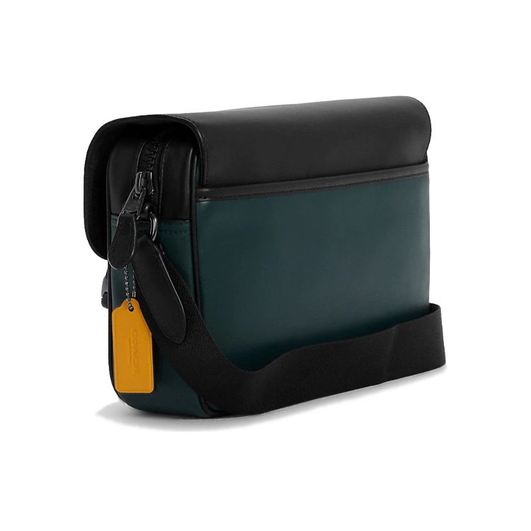 Coach Track 27 Logo Print Flap Zipper Color Block Messenger Bag Men Shoulder Bag Black Green C6657-QBTII