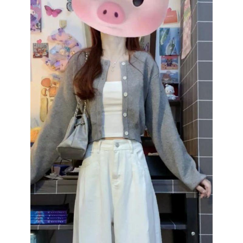 

Шикарный вязаный кардиган, нишевый стиль, короткий свитер Gray M [Suggested 45.00 kg-52.50 kg]]