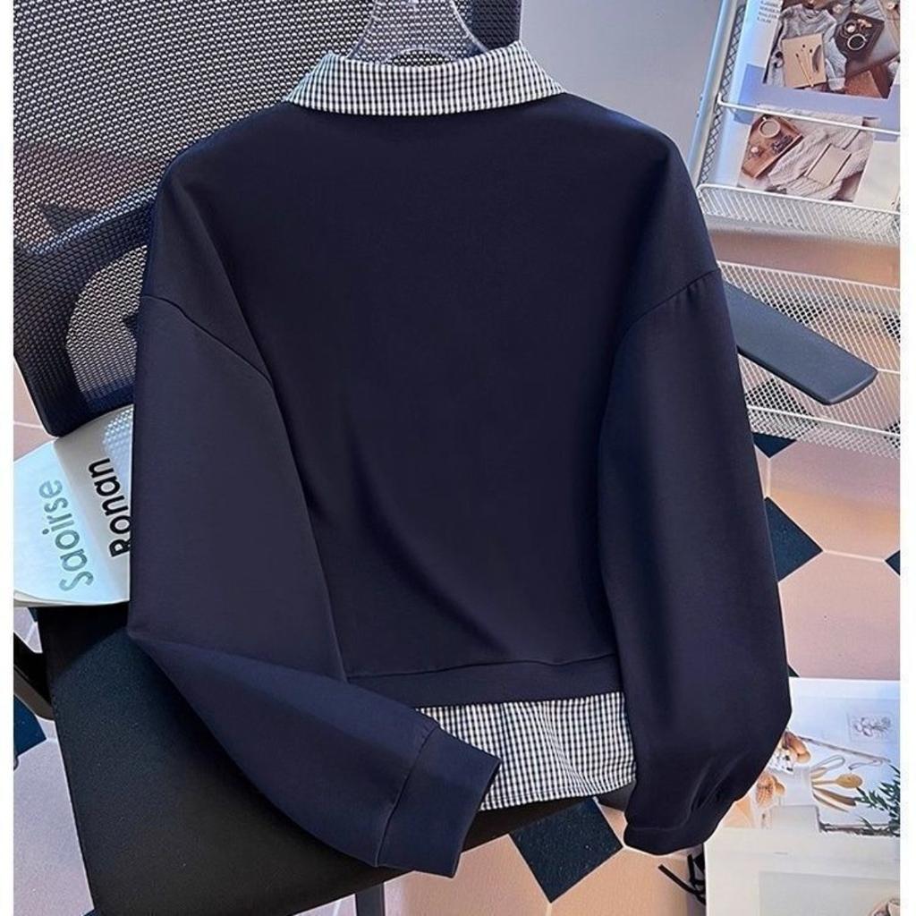 Fake Two Piece Spliced Grid Collar Hoodie for Women with Spring and Autumn Design Sense, Loose Fitting Hooded Top