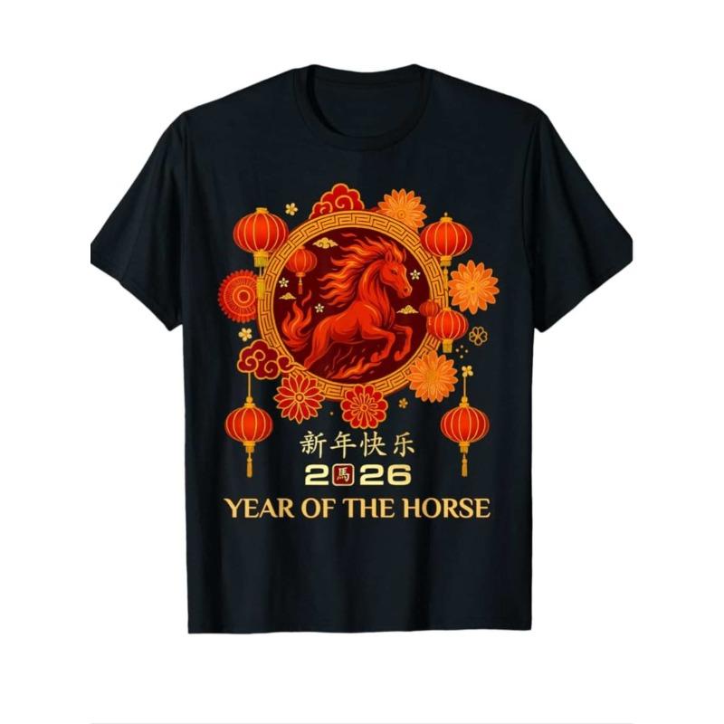 

European Size Women s Black T Shirt Chinese New Year Horse Lantern Print Festival Celebration S чёрный