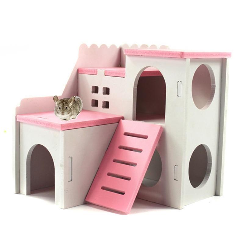 Wooden Hamster Deluxe Double Deck Villa Natural Living Hideout Hut Toy Small Animal Chew Toy for Hamster Cage