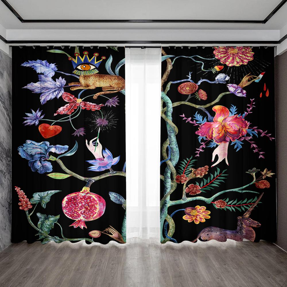 2PC Home Decoration Curtains With Black Background Flowers And Rod Pocket Curtains, Kitchen, Coffee Shop, Living Room, Balcony