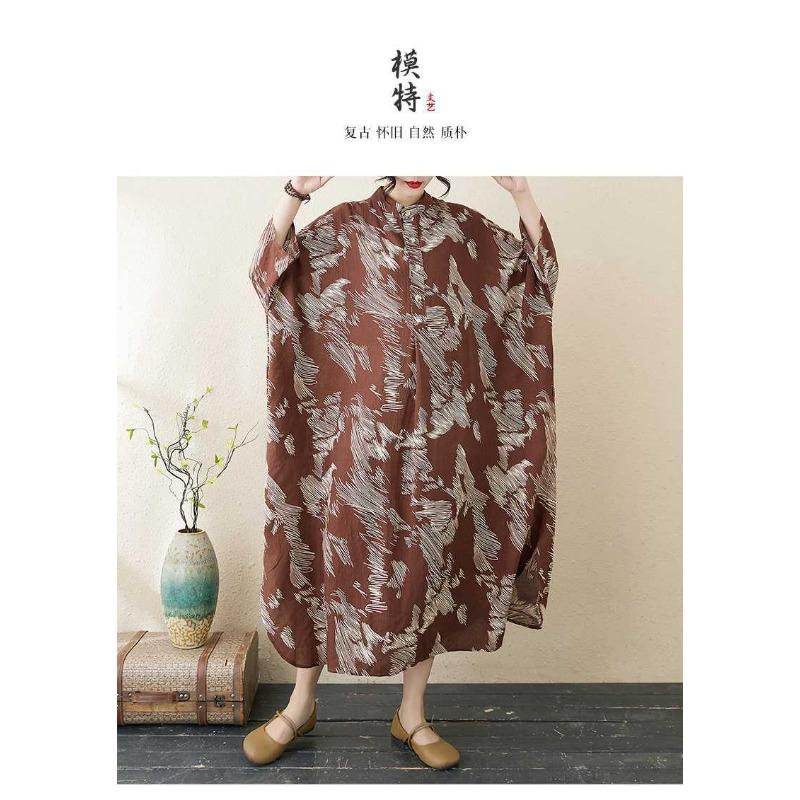 Temperament Literary Vintage Printed Stand Collar Loose Oversized Vacation Dresses