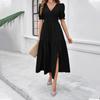Summer Women's Dress Temperament Solid Color V-neck Short-sleeved Long Dress