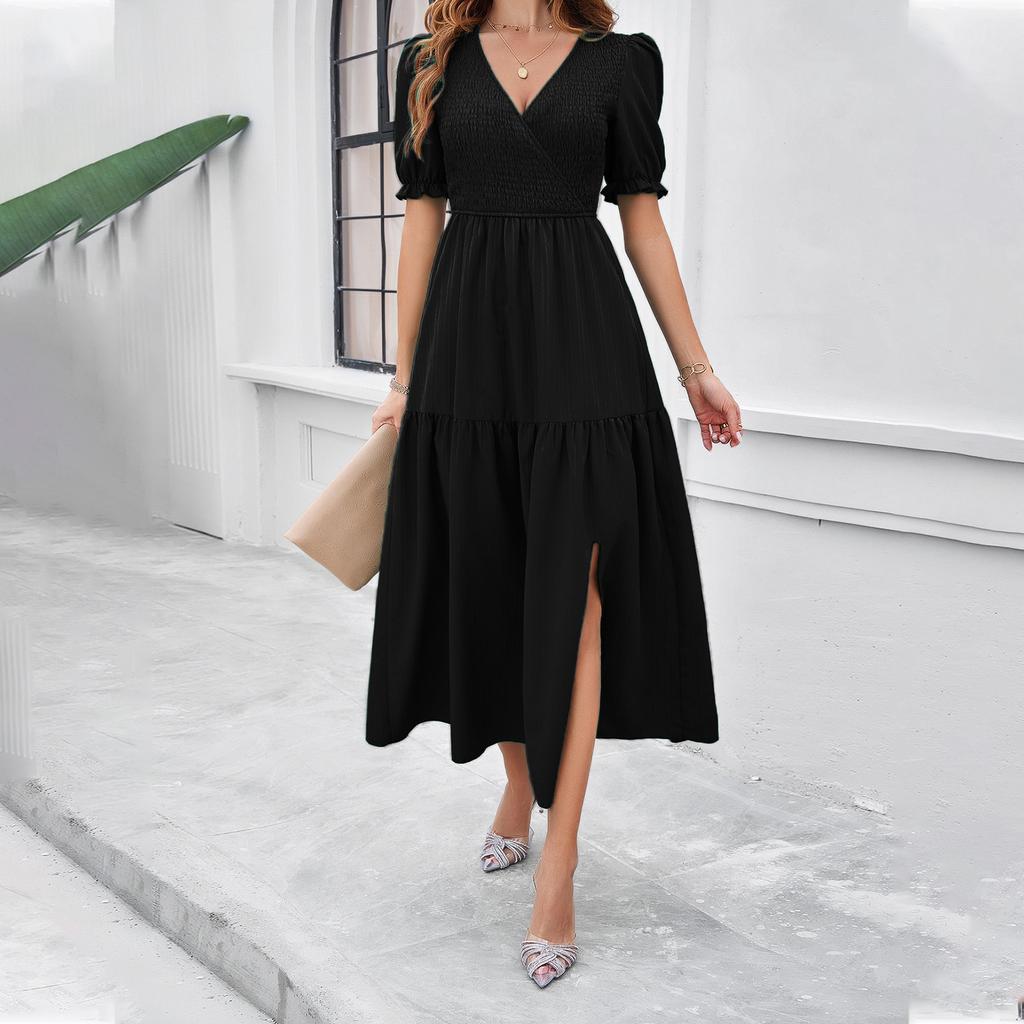 Summer Women's Dress Temperament Solid Color V-neck Short-sleeved Long Dress