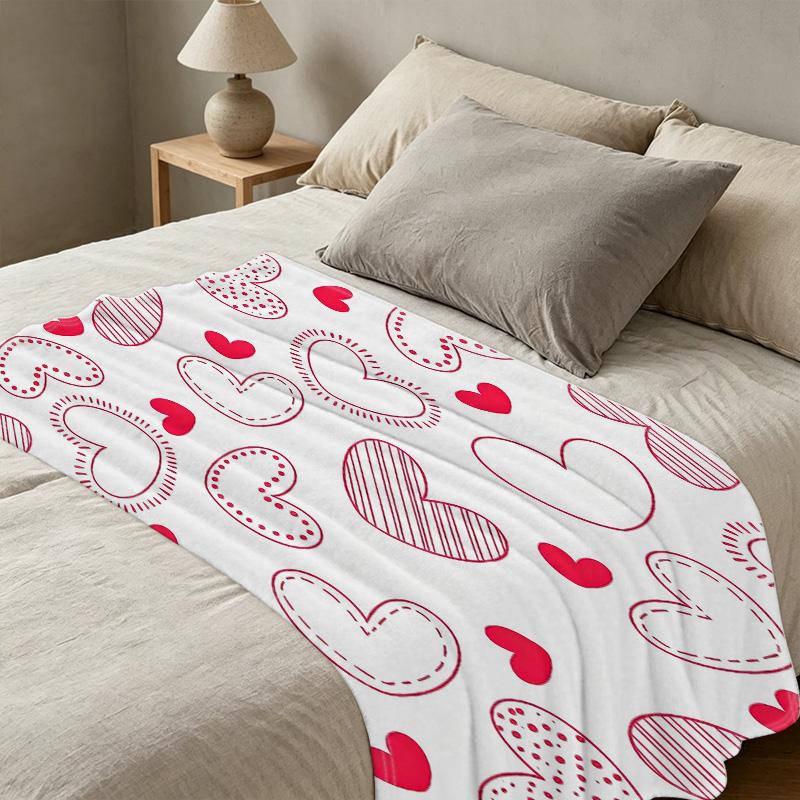 Flannel Fleece Blanket Soft Breathable Heart Pattern, Cozy All Season Home Office Blanket, Valentines Day Gift