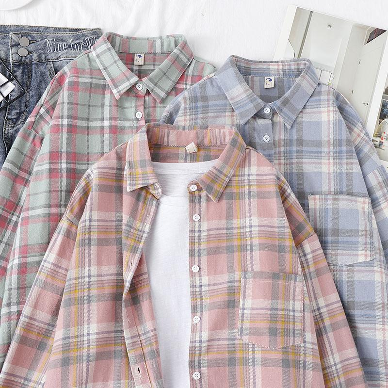 

Женская клетчатая рубашка с длинным рукавом, весенний новый стиль, литературный дизайн, нишевая, парная, свободное пальто-рубашка S розовый