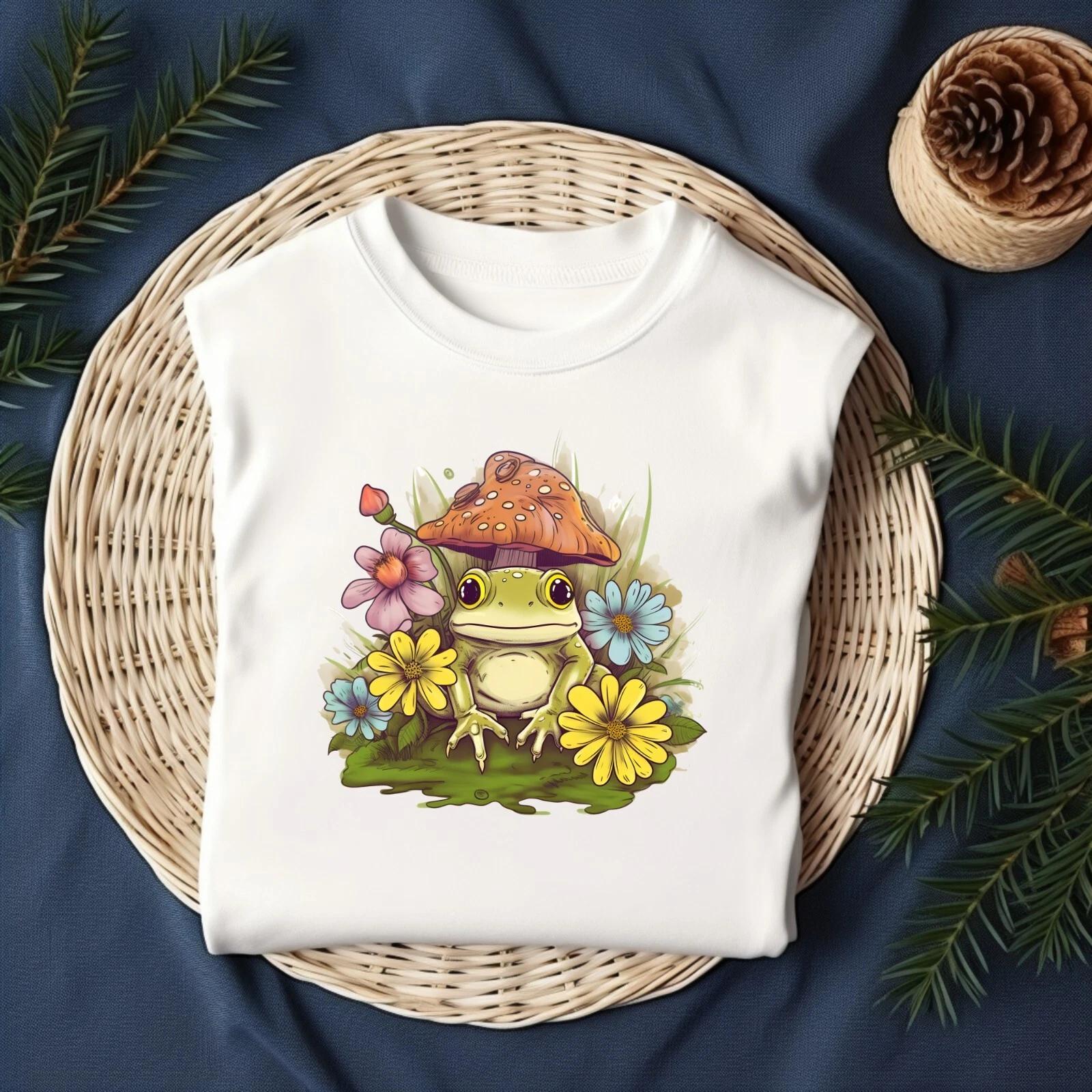 Frog Mushroom Kawaii Anime Mens T-Shirt Cute Cottagecore Aesthetic Frog Tee Top XL