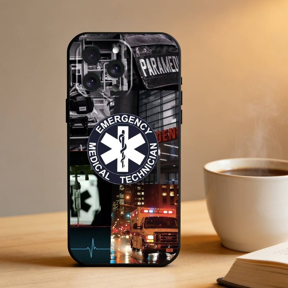 Custodia per Telefono Ambulanza EMT EMS Per iPhone 16,15,14,13,12,17,Pro Max,Plus Custodia Nera in Silicone