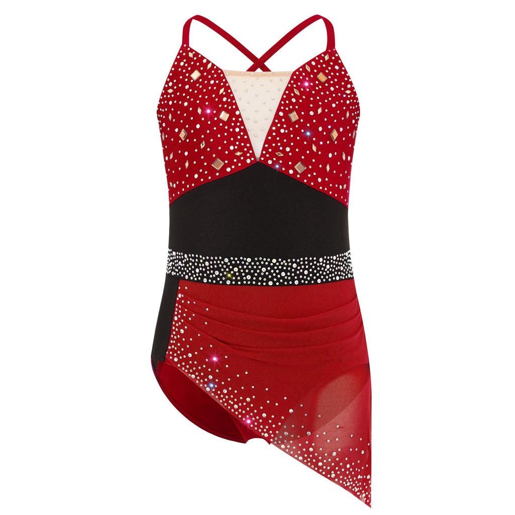 Rochie Patinaj Artistic Fete Spate Încrucișat Bretele Spaghetti Strasuri Design Încrețit Rochie Asimetrică din Plasă