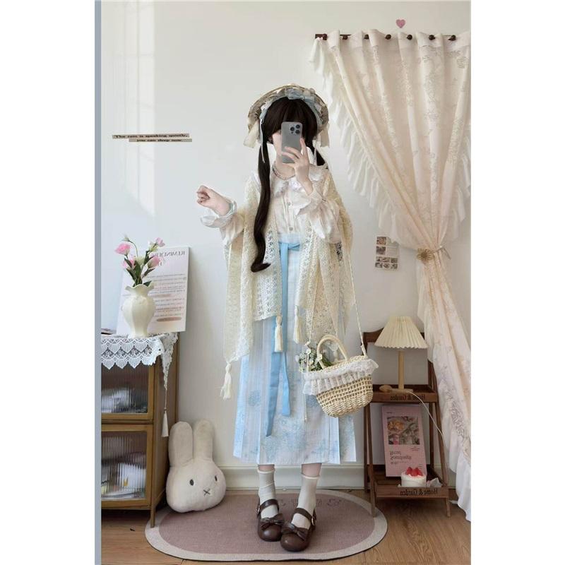 Women s Modern Ming Dynasty Hanfu Set, Peter Pan Collar Ma Mian Skirt 3-Piece Outfit for Daily Wear L синий