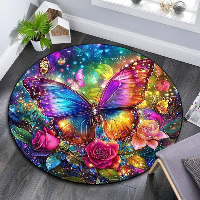 Butterfly Garden Round Area Rug,Carpet Rug for Living Room Bedroom Sofa Playroom Decor,Non-slip Floor Mat