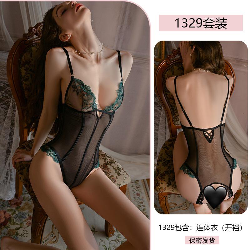 Erotic Underwear, Light Luxury and Sexy Embroidered water-soluble one-piece dress, Women's see-through uniform, Tempting no-Take pajamas 1329