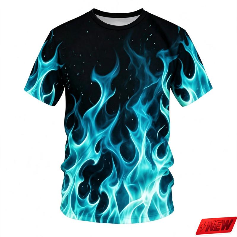 Men's 3D Color Flame Printed T-shirt for Summer Casual and Comfortable Short Sleeved Top, Fashionable Street Round Neck Clothing