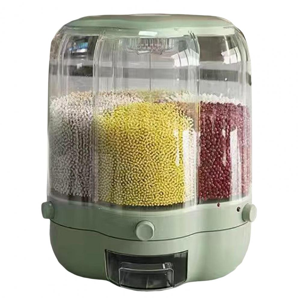 Rotating Grain Storage Bin Large Capacity 6 Grids Moisture-Proof Transparent Rice Distributor Beans Cereal Dispenser Bucket