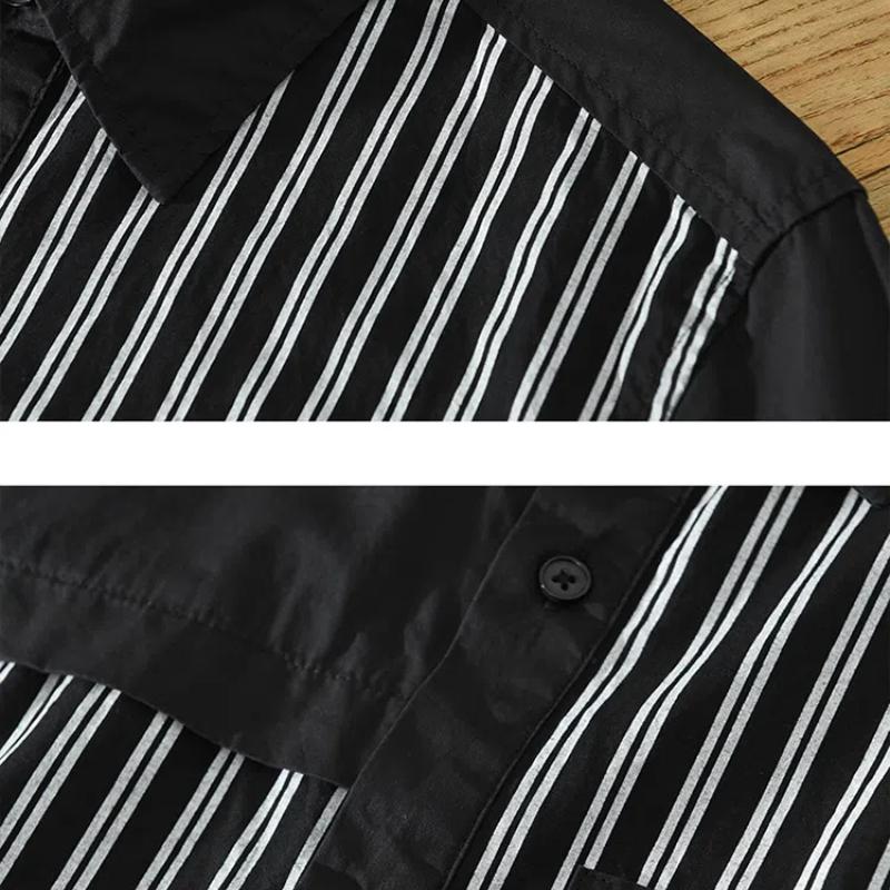 Spring Summer100 Cotton Long Sleeve White Shirt Men Square Patchwork Striped Shirt Korean Fashion Mens Shirt Daily Casual Tops
