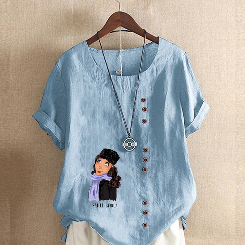 Damen Neue Mode Leinenhemd Rundhalsausschnitt Kurzer Ärmel Schal Mädchen Bedrucktes T-Shirt Sommer Damen Freizeit Große Größen Blusen Oberteile